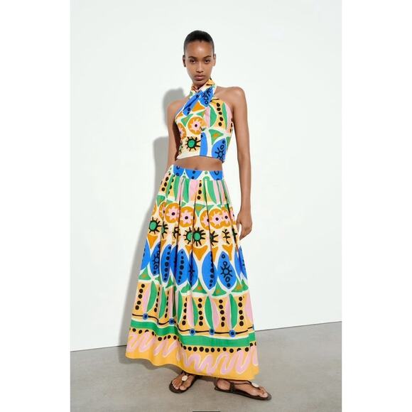 NWT Zara Colourful Printed Set Midi Skirt‎ & Top Size XS Bloggers Fave - Picture 1 of 16